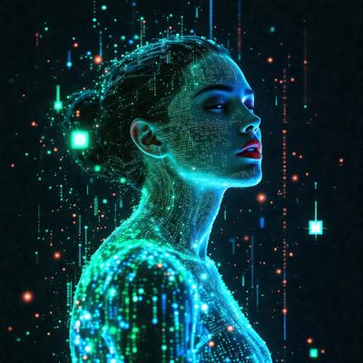 The primary subject of the image is a woman with a green digital background. She is wearing a necklace and has a pouting expression. The visual style of the image is digital art, and the colors and mood are predominantly green, creating a futuristic and technological atmosphere.